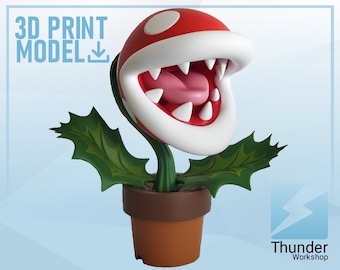 May include: A 3D printed model of a red and white Piranha Plant from the Super Mario Bros. video game series. The plant is in a brown pot with green leaves.