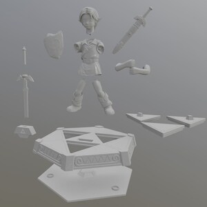 May include: A 3D printed model of a video game character, Link from The Legend of Zelda, disassembled into multiple pieces. The pieces include the character's body, head, arms, legs, sword, shield, and a base with a Triforce design.