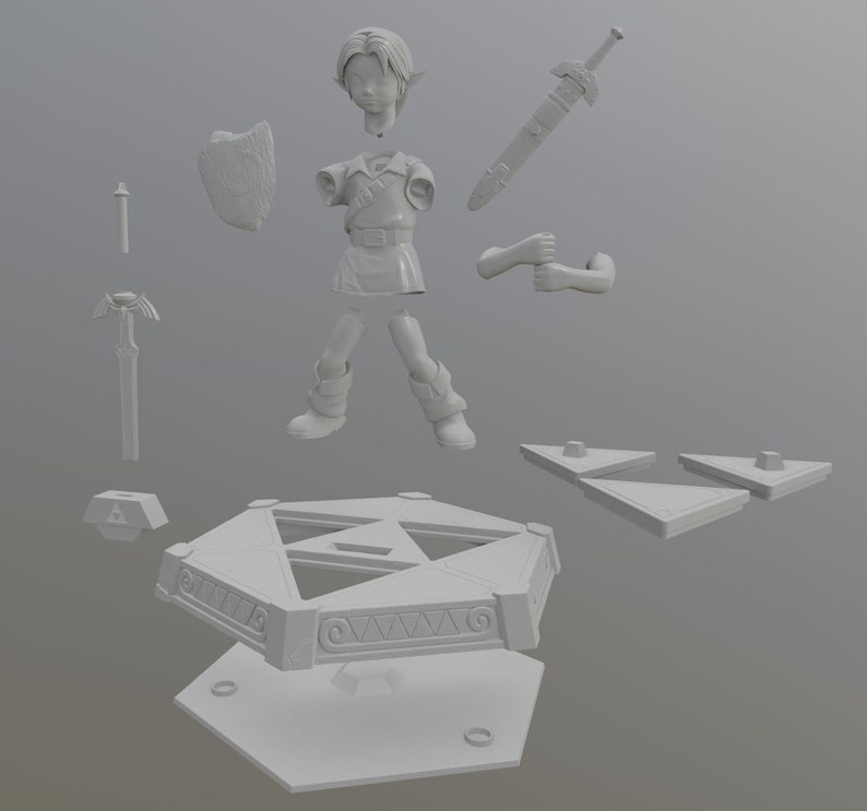 May include: A 3D printed model of a video game character, Link from The Legend of Zelda, disassembled into multiple pieces. The pieces include the character's body, head, arms, legs, sword, shield, and a base with a Triforce design.