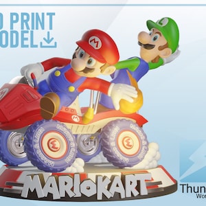 May include: A 3D printed model of Mario and Luigi from the Mario Kart video game series. The model features Mario and Luigi riding in a red kart with blue wheels. The kart has the words "Mario & Luigi" printed on the tires. The model is on a gray base with the words "Mario Kart" printed on it. The model is available for download.