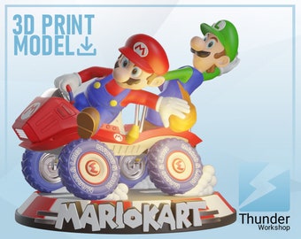 May include: A 3D printed model of Mario and Luigi from the Mario Kart video game series. The model features Mario and Luigi riding in a red kart with blue wheels. The kart has the words "Mario & Luigi" printed on the tires. The model is on a gray base with the words "Mario Kart" printed on it. The model is available for download.