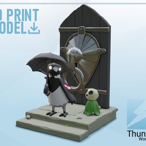 Op de afbeelding: 3D-geprint model van een zwart-witte vogel die een paraplu vasthoudt, staande op een stenen trede voor een houten deur met een metalen handvat. Een klein groen wezen staat op de trede naast de vogel. De tekst "3D PRINT MODEL DOWNLOAD" staat in de linkerbovenhoek van de afbeelding.
