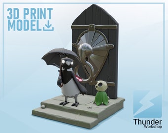 May include: 3D printed model of a black and white bird holding an umbrella, standing on a stone step in front of a wooden door with a metal handle. A small green creature stands on the step next to the bird. The text "3D PRINT MODEL DOWNLOAD" is in the upper left corner of the image.
