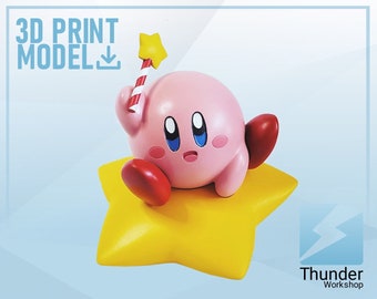 May include: A pink and red 3D printed model of a character from the video game Kirby, holding a star-shaped wand. The character is sitting on a yellow star-shaped base.