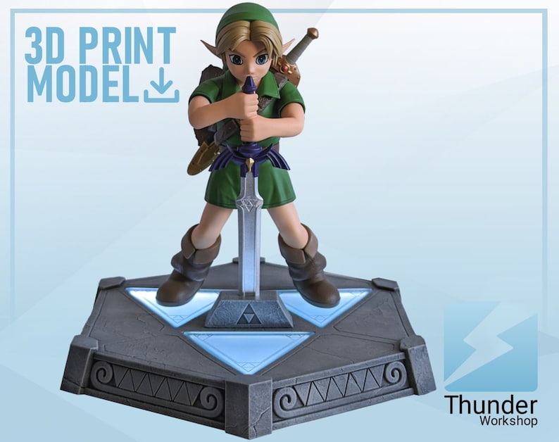 May include: A 3D printed model of Link from The Legend of Zelda: Ocarina of Time, holding the Master Sword and standing on a triangular base with glowing lights. The model is green, blue, and silver.