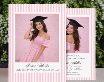 Pink Stripe Photo Graduation Invitation | Class of 2026 Grad Party (Canva Editable)