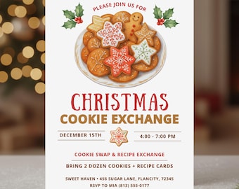 May include: A Christmas Cookie Exchange invitation with a plate of decorated cookies. The invitation includes the text "Christmas Cookie Exchange" and event details. The design features holly and berry accents.
