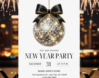 Elegant New Year's Eve Party Invitation • Black Bow Disco Ball (Digital Download)