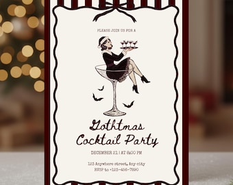 Gothmas Cocktail Party Invitation (Canva Editable) | Dark Holiday Stripe Invite | 5x7 Digital Download