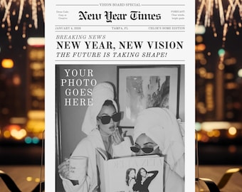 Vision Board Party Invitation (Canva Editable) | Newspaper New Year Invite | 5x7 Digital Download