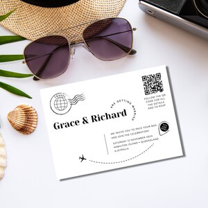 Faire-part de mariage carte postale avec QR, téléchargement immédiat fichier numérique, imprimable, modifiable, modèle, Destination, voyage, passeport, plage 037