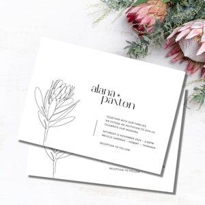 Hochzeitseinladung, Protea Blume, INSTANT DOWNLOAD, digitale Einladung, bearbeitbare Vorlage, druckbar, Line Art, minimalistisch, Native Flower 024