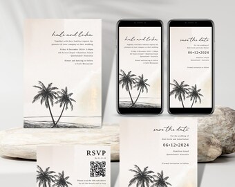 Wedding Invitation Set, Beach, INSTANT Download, Digital Invitation, Editable Template, Palm Trees, Printable, Destination, Boho, QR SMS 032