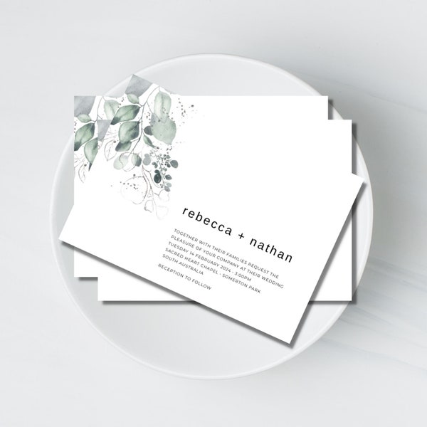 Wedding Invitation, Eucalyptus Watercolour INSTANT DOWNLOAD Digital Invite, Editable Template, Printable, Simple, Watercolor, Gum Leaves 028