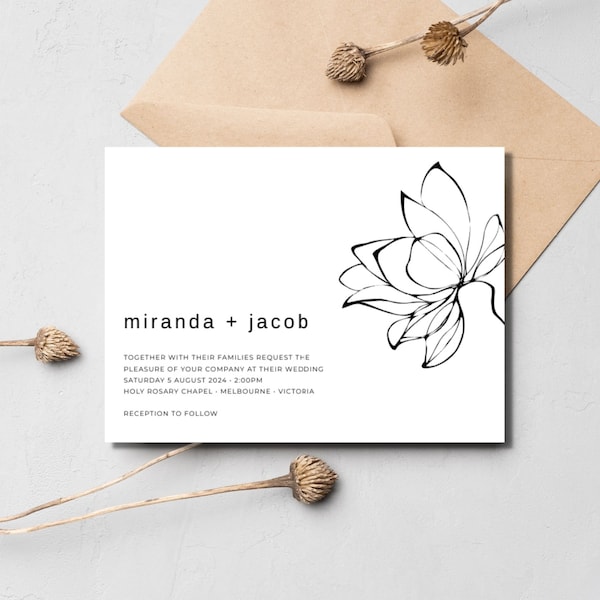 Lotus Flower, Wedding Invitation, INSTANT DOWNLOAD Digital File, Printable, Simple Line Art, Stylized Flower, Hand Drawn, Minimalist DIY 020