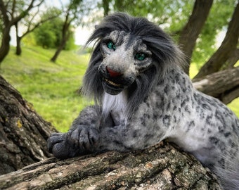 Art doll Cat Poseable Fantastic wild cat art doll Snow Leopard Fluffy cat Collectible OOAK  Fantasy Soft Sculpture