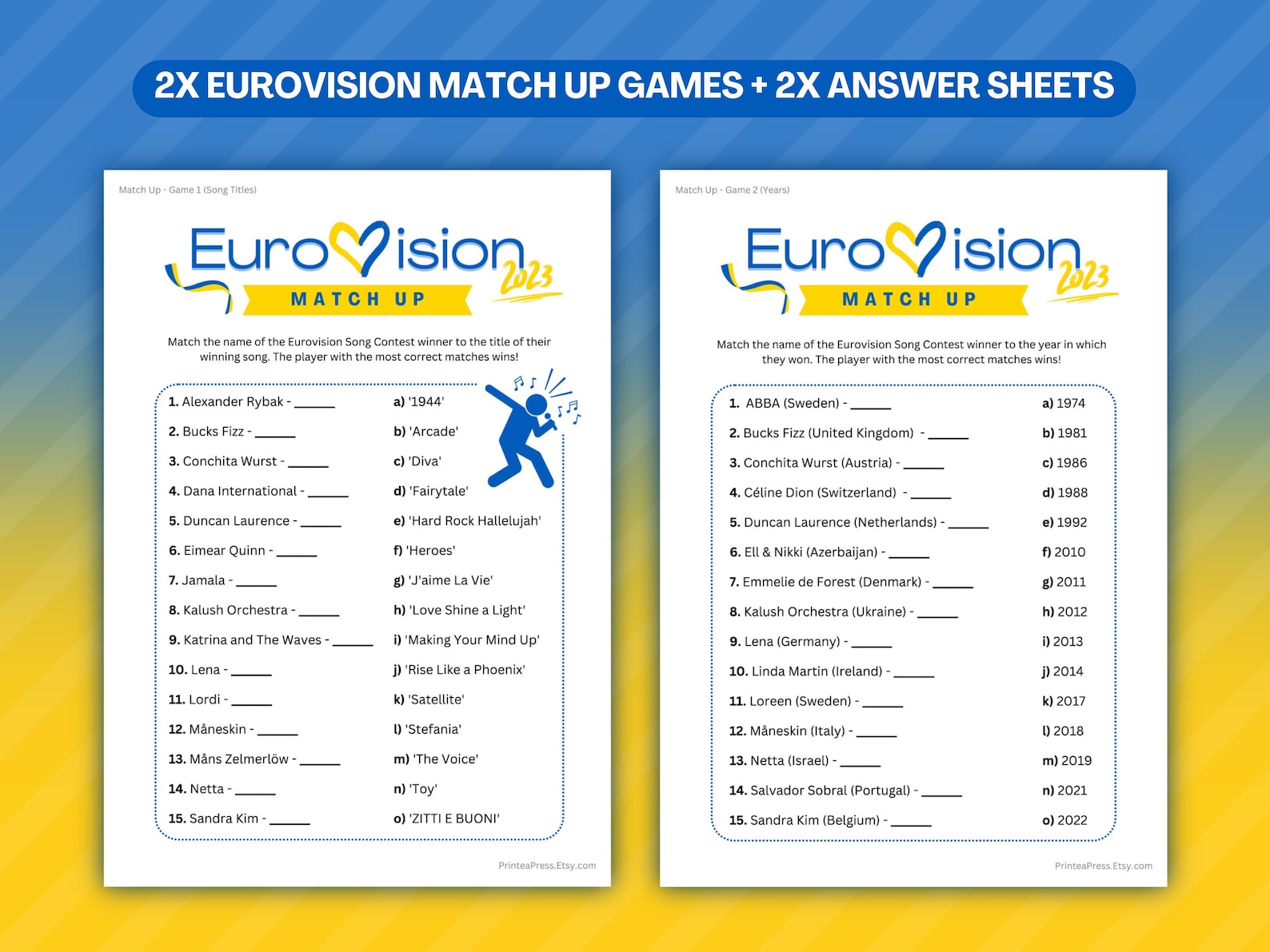 Eurovision 2023 Match up Games Eurovision Song Contest Party Etsy