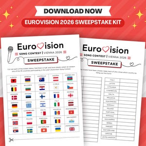 Puede incluir: Dos hojas blancas con el texto "Eurovision 2026 Sweepstake Kit" y banderas de países. La hoja superior tiene una lista de países y la inferior una lista para rellenar.
