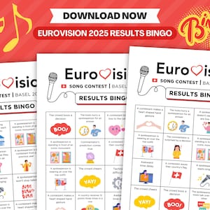 Bingo de resultados de Eurovisión 2025 / Bingo ESC (15 cartones) / Juego de fiesta del Festival de la Canción de Eurovisión / Noche de juegos de Eurovisión / Juego de fiesta familiar