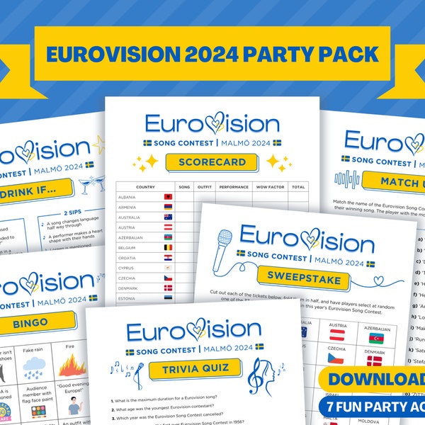 Pack Soirée Eurovision 2024 | Pack fête | Jeu de société pour le Concours Eurovision de la chanson | Soirée match de l'Eurovision | Jeu de fête de famille | CES Malmö 2024