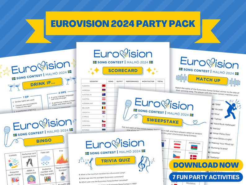 Eurovision 2024 Party Pack Party Bundle Eurovision Song Contest Party Game Eurovision Game Night Family Party Game ESC Malmö 2024 image 1
