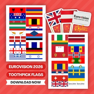 May include: Two sets of toothpick flags featuring various national flags, with a red and white striped background. The flags are for the Eurovision Song Contest 2026. Text on the image reads "EUROVISION 2026 TOOTHPICK FLAGS DOWNLOAD NOW."