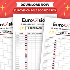 Puede incluir: Tres tarjetas de puntuación de Eurovisión 2026 con el logotipo de Eurovisión y el texto "Song Contest | Vienna 2026". Cada tarjeta de puntuación tiene una tabla con columnas para país, canción, vestuario, actuación y factor sorpresa. La parte superior de la imagen dice "Descargar ahora".