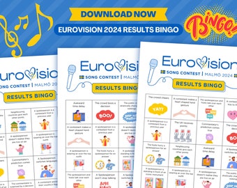 Eurovision 2024 Ergebnisse Bingo | ESC Bingo (12 Spielerkarten) | Eurovision Song Contest Partyspiel | Eurovision-Spieleabend | Familienpartyspiel