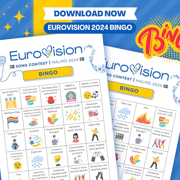 Feuilles de bingo Eurovision 2024 (12 cartes de joueur) | Jeu de société pour le Concours Eurovision de la chanson | Soirée match de l'Eurovision | Jeu de fête de famille | Malmö 2024