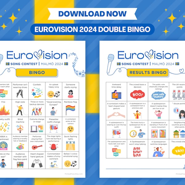 Eurovision 2024 Bingo Double Pack (2 giochi Eurovision Bingo) / Risultati Bingo / Eurovision Song Contest Party Game / Eurovision Game Night