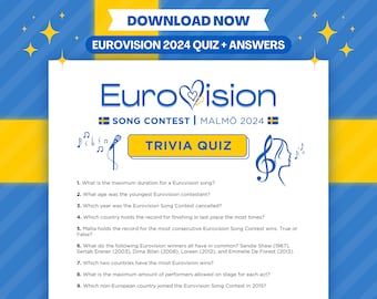 Quiz Eurovision 2024 (20 questions) | Jeu de société pour le Concours Eurovision de la chanson | Soirée match de l'Eurovision | Jeu de fête de famille | Soirée de visionnage