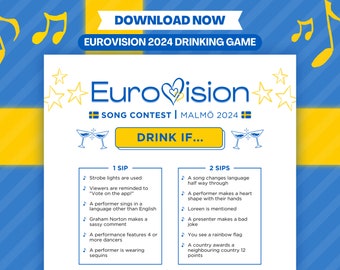 Eurovisie 2024 Drinkspel | Eurovisie Songfestival Feestspel | Eurovisie Spellenavond | Drinken als gezelschapsspel | Malmö 2024 | Afdrukbaar