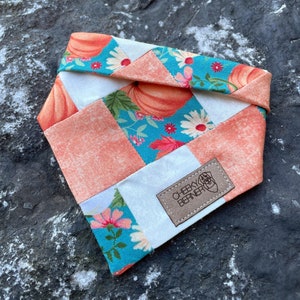 May include: A patchwork dog bandana in teal, white and peach colours. The bandana features a floral print with pumpkins and a brown leather tag that says "Cheeky Berner".