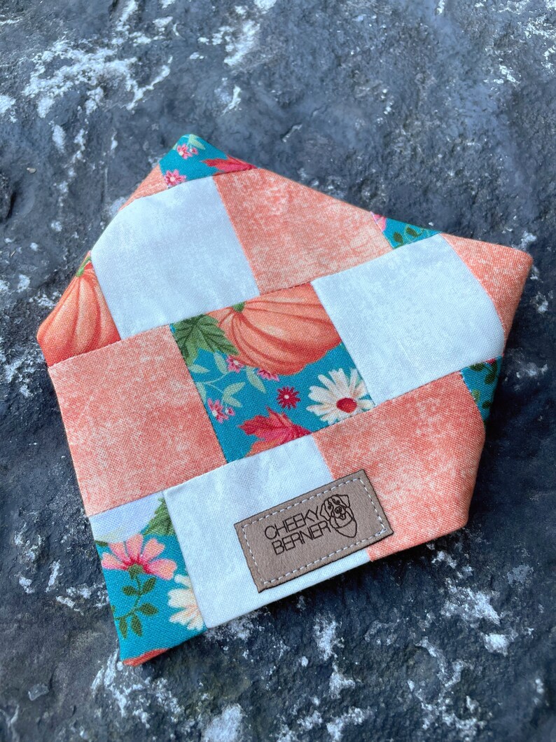 Peut inclure: Un bandana pour chien en patchwork avec un motif de patchwork dans les tons turquoise, blanc et p&ecirc;che. Le bandana pr&eacute;sente un imprim&eacute; de citrouille et un motif floral. Le bandana a une &eacute;tiquette en cuir marron avec le texte "CHEEKY BERNER".