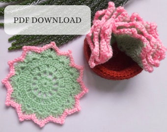 Crochet Succulent Coaster and Clay Pot Pattern, Video and Written Tutorial, English