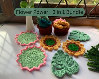 Crochet Pattern Coaster Bundle: Succulent, Sunflower, Monstera - Video Tutorials, PDF downloads