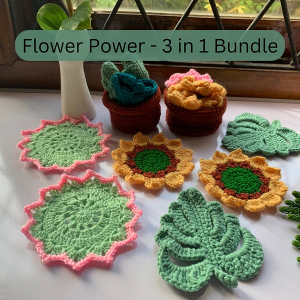 Crochet Pattern Coaster Bundle: Succulent, Sunflower, Monstera - Video Tutorials, PDF downloads