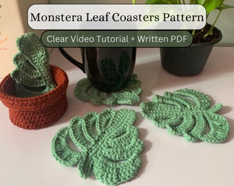 Monstera Leaf Coasters Crochet Pattern, Video Tutorial and PDF Download