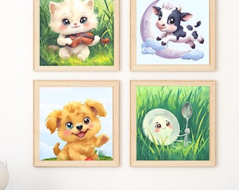 Paquete de arte infantil inspirado en "Hey Diddle Diddle" / Decoración de pared imprimible para niños / 4 láminas digitales / Arte de pared para guardería / Inspirado en rimas infantiles