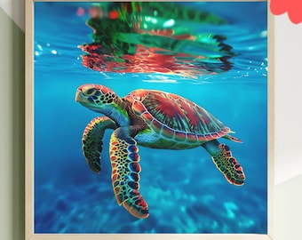 Impresión colorida de tortuga marina, arte de la vida oceánica, vida marina acuática, impresión de pared náutica submarina