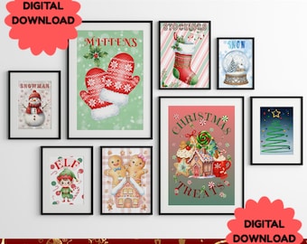 Paquete de arte mural navideño, imprimibles navideños, juego de 8, descarga digital, decoración navideña