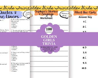 Paquete imprimible de juego de preguntas y respuestas de Golden Girls para fiestas. 100 preguntas + claves de respuestas. Descarga instantánea.