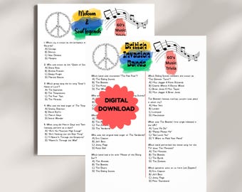 Gioco a quiz stampabile sulla musica degli anni '60, quiz per feste retrò anni '60, download immediato, domande e risposte divertenti sulla musica vintage per la serata di giochi