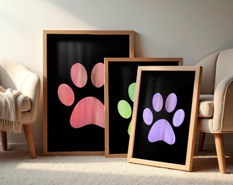 Paquete de arte de pared con huellas de patas, arte imprimible con huellas de patas de perro, descarga digital con huellas de patas de gato, decoración moderna para amantes de las mascotas, arte animal minimalista