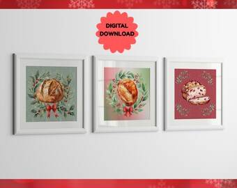 Set de arte digital navideño de pan de masa madre: arte mural festivo en acuarela con temática de pan, decoración navideña para la cocina, imprimible para hornear en Navidad.