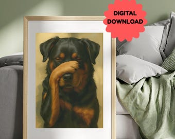 Arte mural divertido de rottweiler: "¡Otra vez no!". Imprimible con humor canino. Decoración adorable para amantes de los perros. Arte para amantes de los animales. Impresión caprichosa de mascotas.