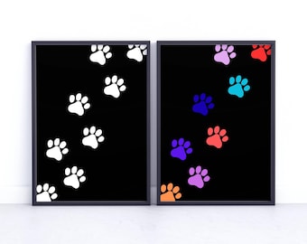Arte de pared con huellas de patas de colores imprimible, arte para amantes de las mascotas, decoración para la oficina del veterinario