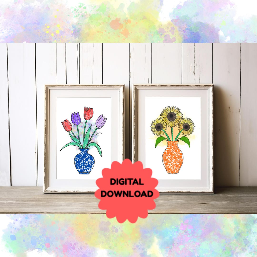 Sunflower & Tulip Vase Wall Art Set Modern Botanical Prints Colorful ...