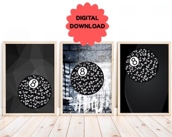 Modern 8 Ball Wall Art Set Black & White Digital Download Grunge Pool Theme Printable Poster Abstract Geometric Game Room Decor