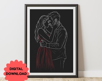 Arte lineal de abrazo íntimo / Arte mural digital de pareja romántica / Póster de amor minimalista / Decoración moderna imprimible / Dibujo lineal en negro y rojo